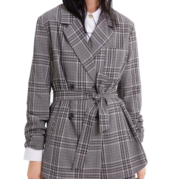 ZARA Women's Grey Check Blazer With Belt Double Breasted Jacket Size M - Picture 1 of 10